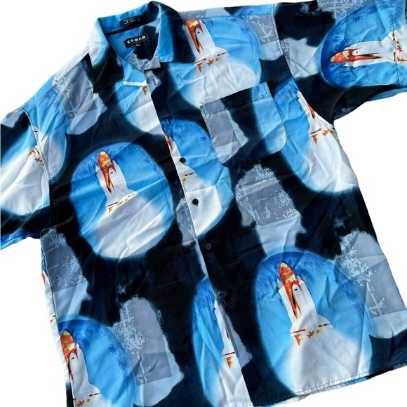 Koman men’s short sleeve single pocket button down Space Rocket blast shirt XL - Picture 5 of 5